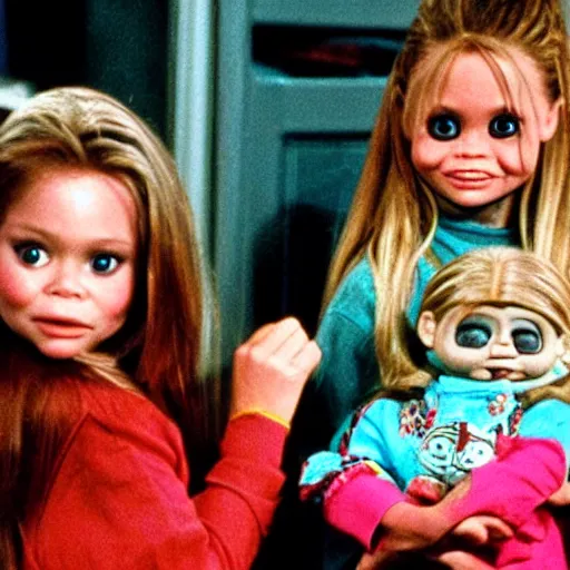 Image similar to the olsen twins from full house holding chucky the evil killer doll from the movie child's play on an episode of full house