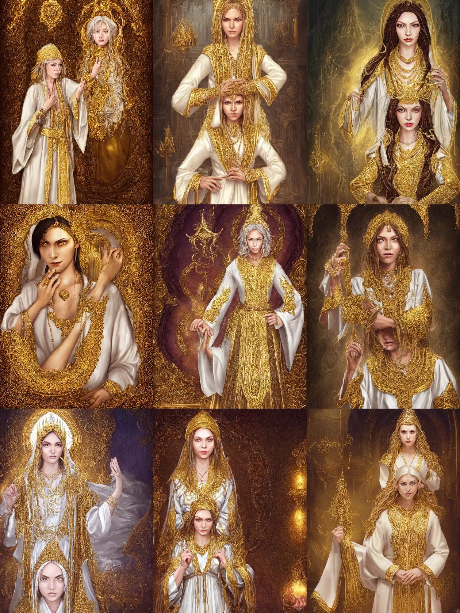 Prompt: Full portrait of a single Cleric Lady, pearl white robes with golden details, beautiful, detailed face, dark brown skin, supernatural golden eyes, golden straight hair, bracelets, floating, spellcasting, ornamental beautiful temple altar background, highly detailed, high fantasy, dnd, d&d, dungeons and dragons, smooth, sharp focus, no extra characters, digital illustration, by Krenz Cushart and Artem Demura and alphonse mucha, artstation, HD, 4K, midjourney