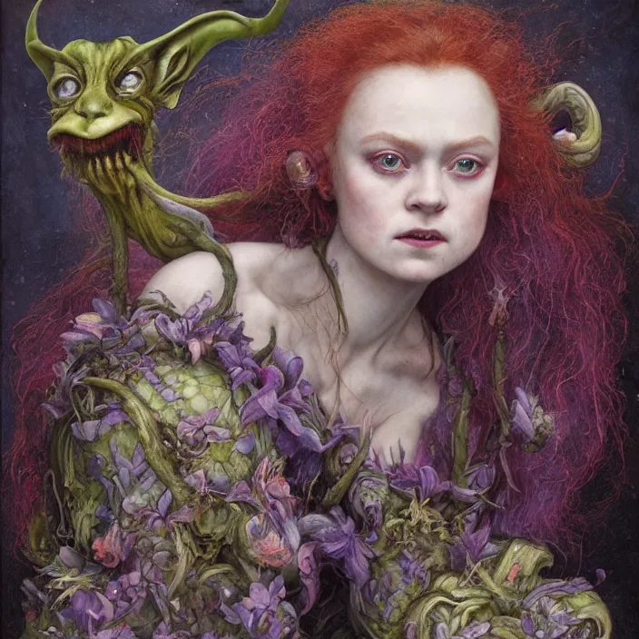 Image similar to a portrait photograph of sadie sink as a elegant brightly colored satyr alien hybrid with wet mutated skin. wearing an infected organic catsuit. by tom bagshaw, donato giancola, hans holbein, walton ford, gaston bussiere, brian froud, peter mohrbacher and magali villeneuve. 8 k, cgsociety