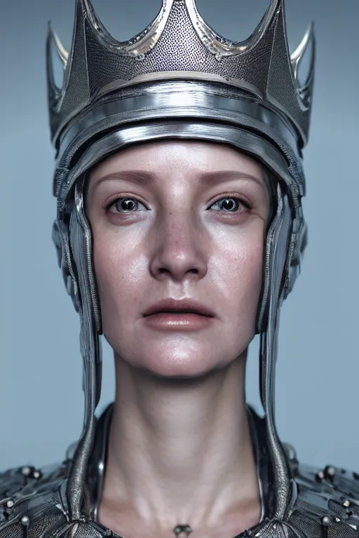 Prompt: 3 / 4 portrait, queen emma, crown, transparent skin, hyperrealism, detailed textures, photorealistic, 3 d cyberpunk apocalyptic city, futuristic clothing and helmet, ultra realistic, cinematic, intricate, cinematic light, unreal engine 8 k, octane render, unreal engine by david kostic and stanley lau and artgerm