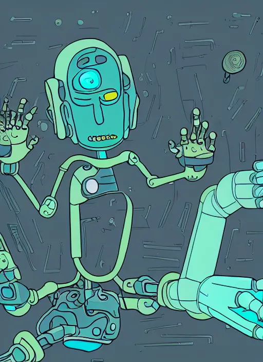 Prompt: an artificial intelligence in a robot short circuiting trying to figure how hands look, rick and morty art style illustration