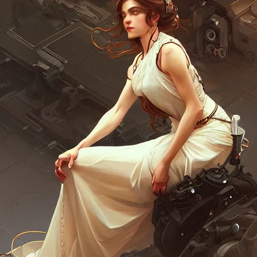 Prompt: Female mechanic, intricate, elegant, highly detailed, digital painting, artstation, concept art, illustration, art by Artgerm and Greg Rutkowski and Alphonse Mucha