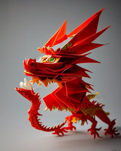 Image similar to an origami chinese dragon by akira yoshizawa, realistic, very detailed, complex, intricate, studio lighting, bokeh, sigma 5 0 mm f 1. 4