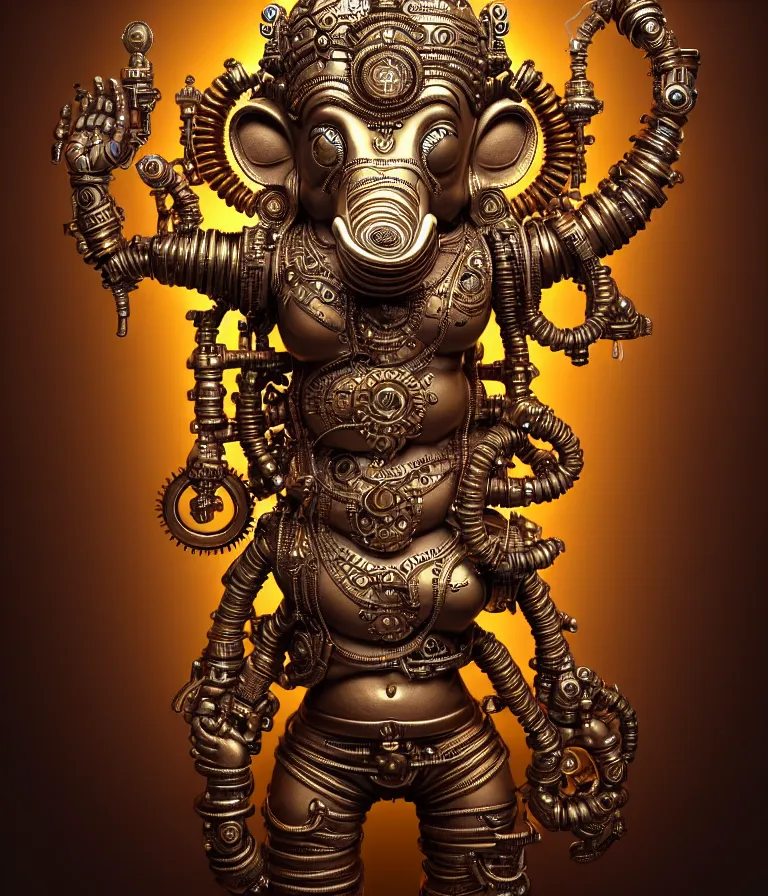 Image similar to steampunk cybernetic biomechanical indian god ganesha, front facing, symmetric, 3 d model, very coherent symmetrical artwork, unreal engine realistic render, 8 k, micro detail, intricate, elegant, highly detailed, centered, digital painting, artstation, smooth, sharp focus, illustration, artgerm, tomasz alen kopera, wlop