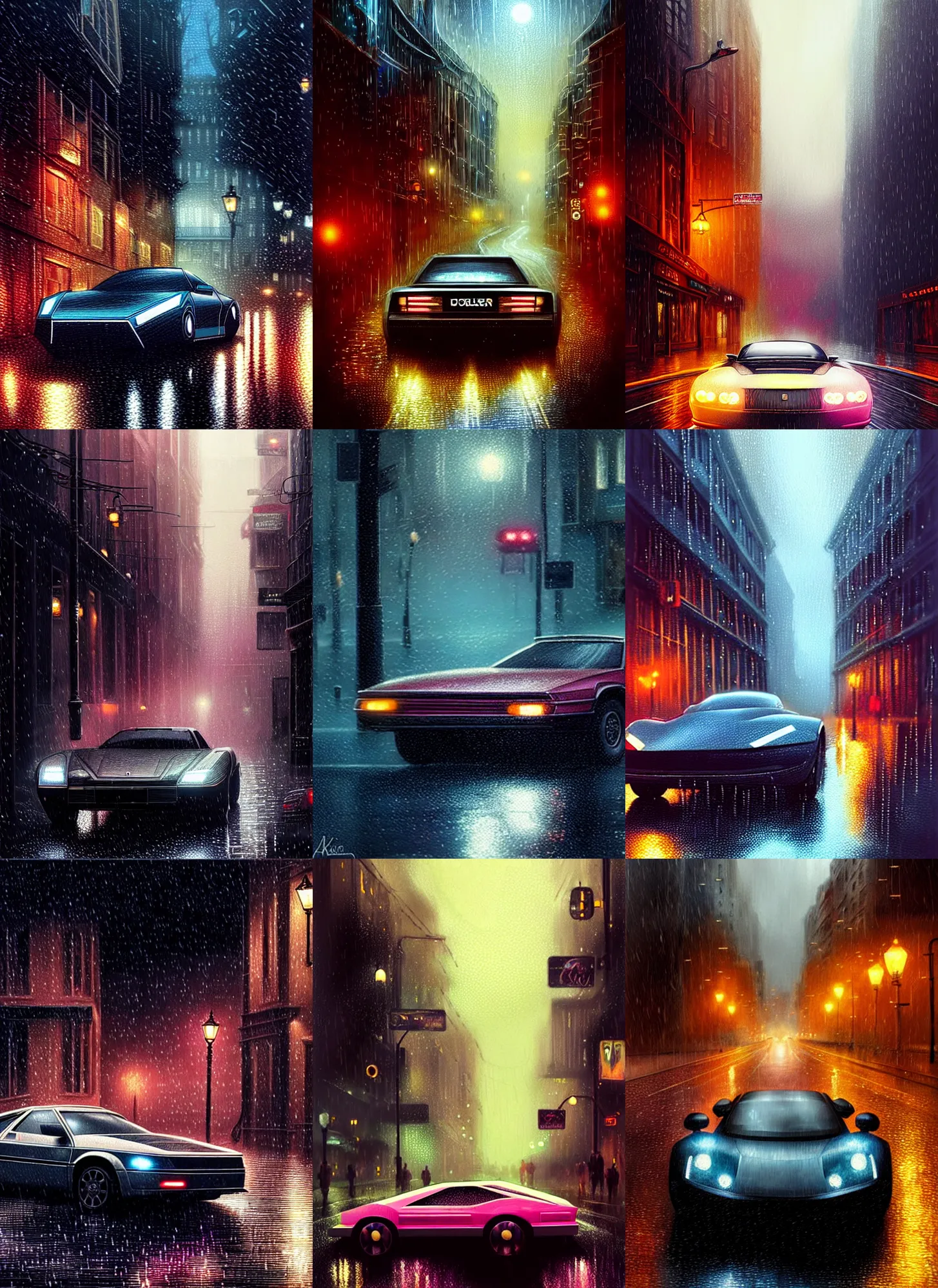 Prompt: a Dolorean cars driving in the streets, rain, night, hazy, diffuse lighting, fantasy, intricate, elegant, highly detailed, lifelike, photorealistic, digital painting, artstation, illustration, concept art, smooth, sharp focus, art by John Collier and Albert Aublet and Krenz Cushart and Artem Demura and Alphonse Mucha