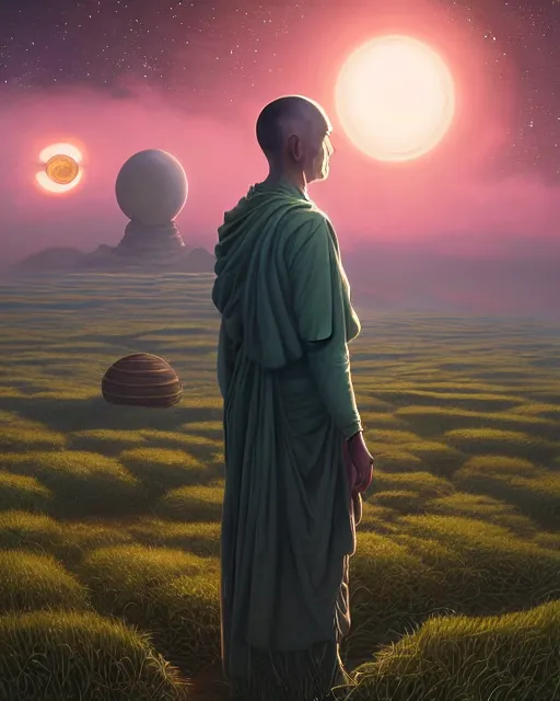 Image similar to highly detailed surreal vfx portrait of a futuristic monk in a rural farm with planets in background, stephen bliss, unreal engine, greg rutkowski, loish, rhads, beeple, makoto shinkai and lois van baarle, ilya kuvshinov, rossdraws, tom bagshaw, alphonse mucha, global illumination, detailed and intricate environment