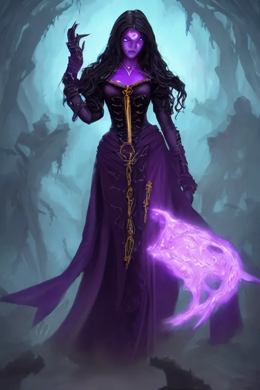 Image similar to Female necromancer, beautiful, dark purple robes, blue corset, long skirt, dark skin, glowing yellow eyes, violet long hair, high fantasy, heroic character, looking from shoulder, pretty face!, detailed, spellcasting pose, by greg rutkowski, WLOP, Genzoman and Gary Gygax, trending on Artstation artstationHD, artstationHQ, cgsociety, 8K HD