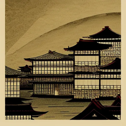 Image similar to a beautiful ink painting of buildings in japanese traditional style, in the style of hiroshi yoshida, at night, light effect, detailed, high - definition, exquisite isolated very detailed, moody lighting, 8 k highly detailed, trending on artstation