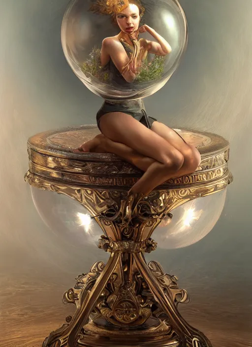 Image similar to crystal ball on a large wood stand with a beautiful dreamscape inside, studio product photography, centered, super highly detailed, professional digital painting, artstation, concept art, smooth, sharp focus, extreme illustration, unreal engine 5, photorealism, beautiful, cinematic, art by artgerm and rutkowski and alphonse mucha and loish and wlop