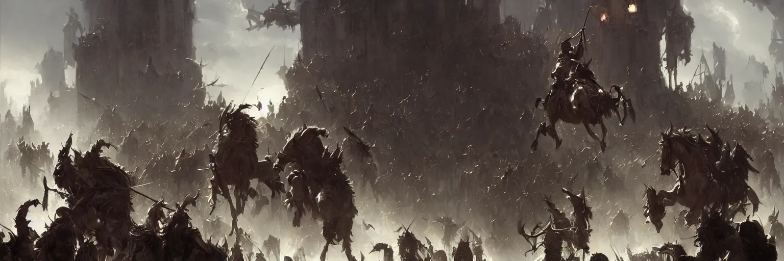 Prompt: Painting by Greg Rutkowski, hundreds of beautiful knights in shining armor beating thousands of fleeing orcs and zombies, dramatic lighting