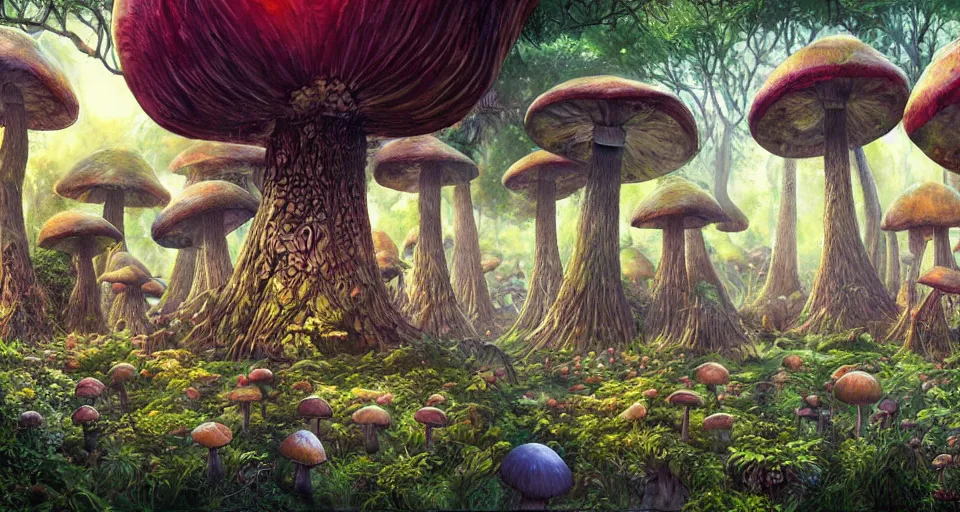 Prompt: A tribal village in a forest of giant mushrooms, by Android jones,