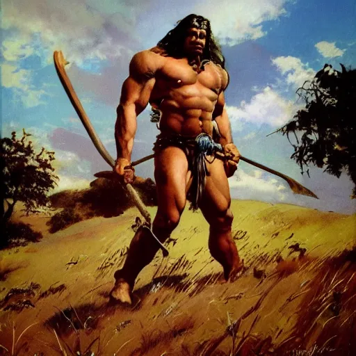 Image similar to a beautiful picture of a barbarian in a field by Frank Frazetta, trending on Artstation