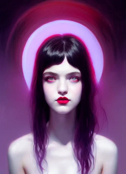 Image similar to portrait of pale teenage girl, red irises, black hair, white bangs, purple lipstick, intricate, elegant, glowing lights, highly detailed, digital painting, artstation, concept art, smooth, sharp focus, illustration, art by wlop, mars ravelo and greg rutkowski