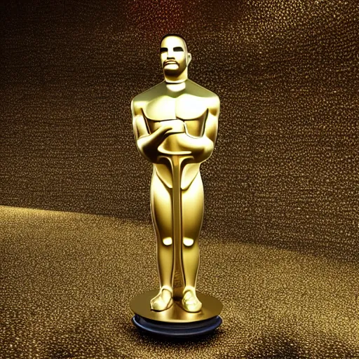 Prompt: Will Smith on the Oscars Stage holding an Academy Awards Trophy replaced with a Golden mini Moai, full body, 8k, hyperrealism, award winning photograph