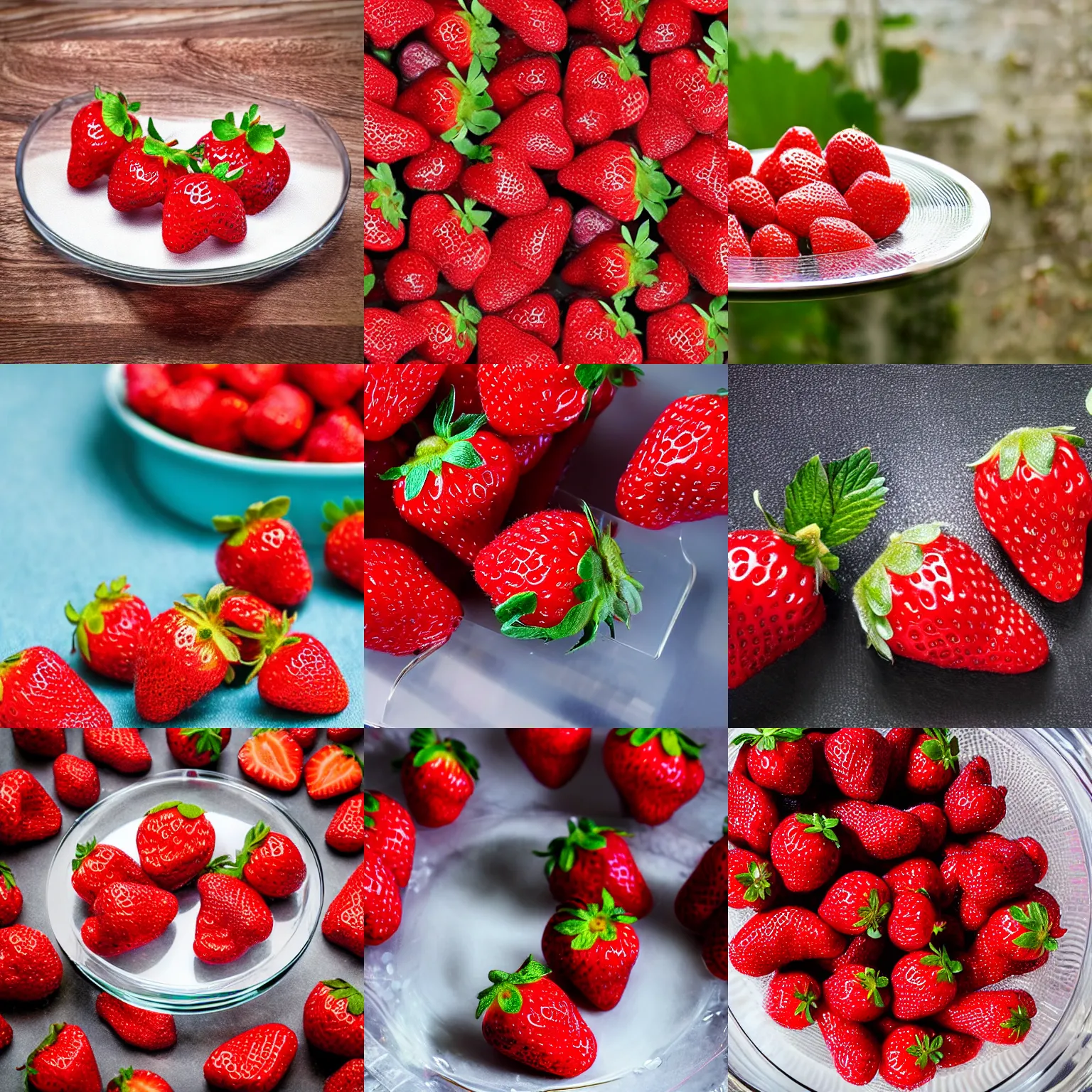 Prompt: strawberrys on a glasstable, product photo, high end, closeup,, glamour