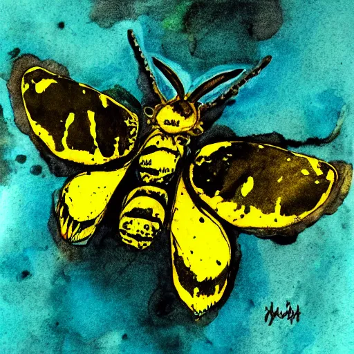 Image similar to alcohol ink, ink blott, rorschach test depicting deaths head moth in yellow and black, detailed, symmetrical