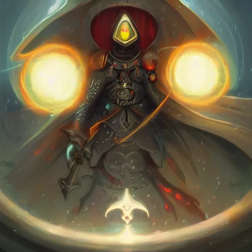 Image similar to a hooded warrior with sword surrounded by glowing spheres by peter mohrbacher