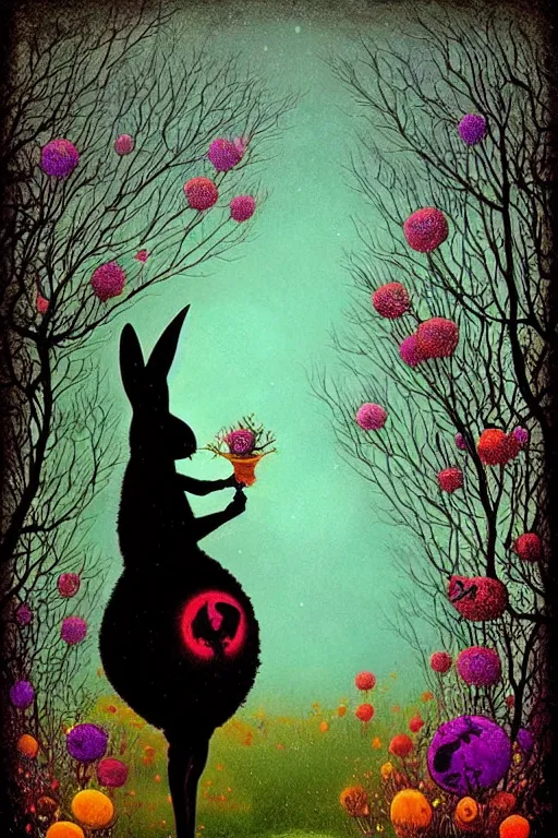 Prompt: surreal, evil black rabbits, fantasy, fairytale, magic realism flowerpunk, mysterious, vivid colors, by andy kehoe