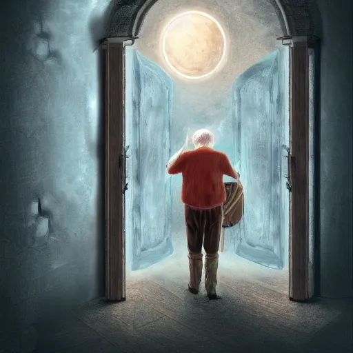 Image similar to old man going through an old magical door, digital art, 4 k, fantasy