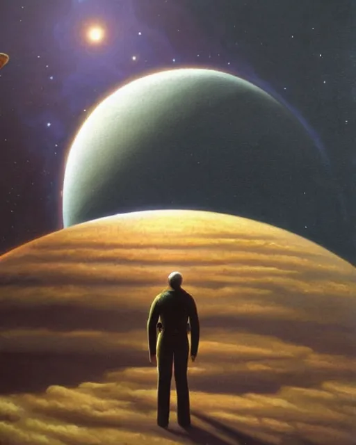 Image similar to a painting of a man standing in front of a planet, a detailed matte painting by david a. hardy and by les edwards and by ralph mcquarrie, featured on deviantart, space art, sci - fi, dystopian art, matte painting