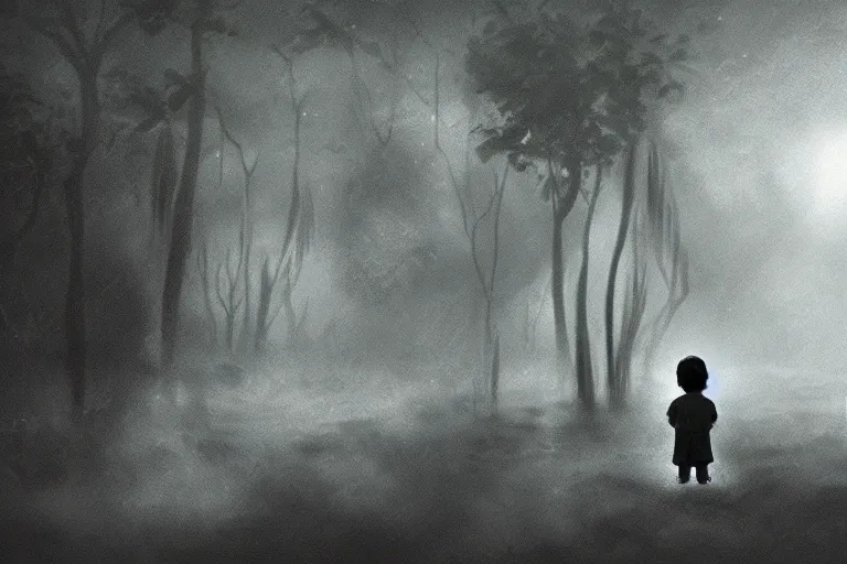 Image similar to a moody scene of a little boy talking with a spirit like a ghost in the middle of a rain forest at night, ultra realistic, style of