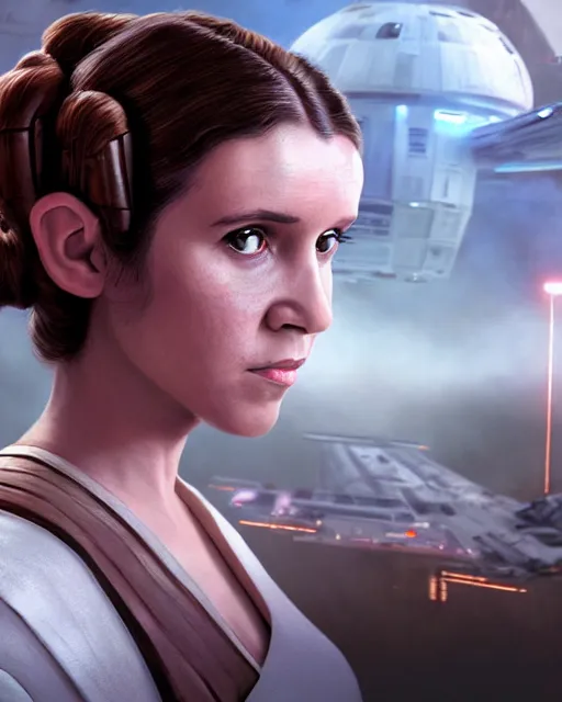 Prompt: portrait of young princess leia on the millennium falcon, star wars, gta v, hyper realistic, glamorous pose, ambient lighting, concept art, intricate, hyper detailed, smooth, action, volumetric lighting, george lucas, arney fretag, ralph mcquarrie, octane