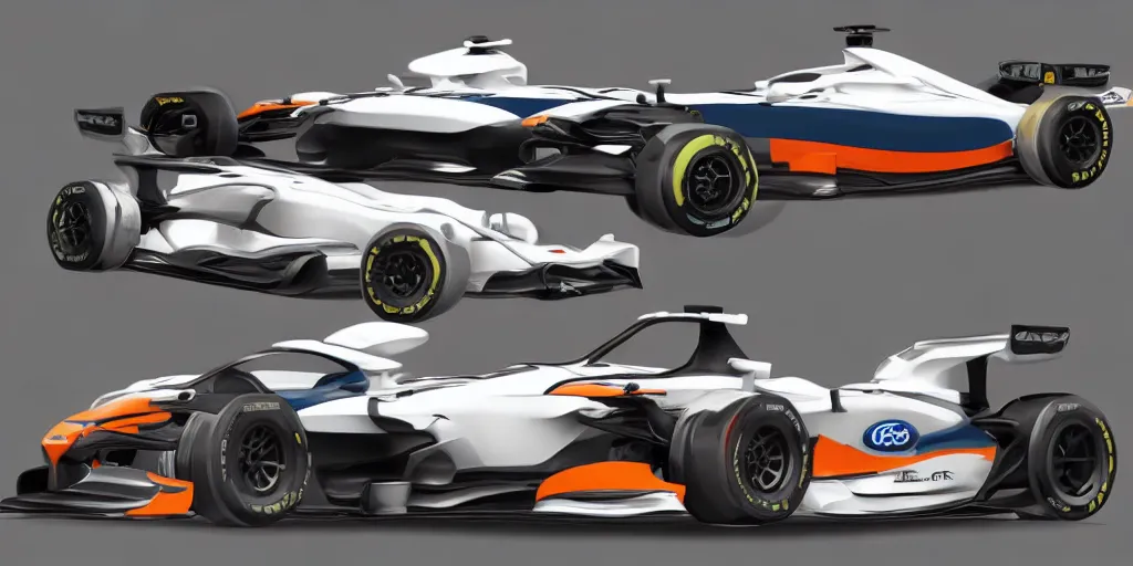 Image similar to hybrid design between McLaren MCL34 F1 car and Ford Mustang. No background, concept art style.