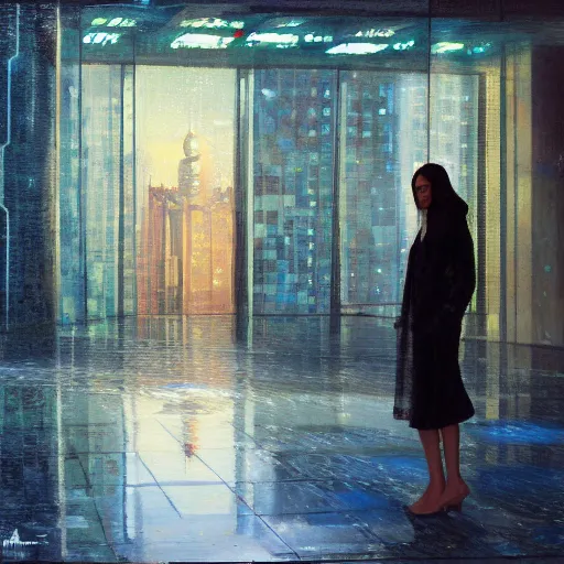 Prompt: beautiful woman, courtyard, capital, cybermosque interior, control panel, watcher, omniscient, tech noir, wet reflections, impressionism, matte painting, speed painting, chiaroscuro, oil on canvas