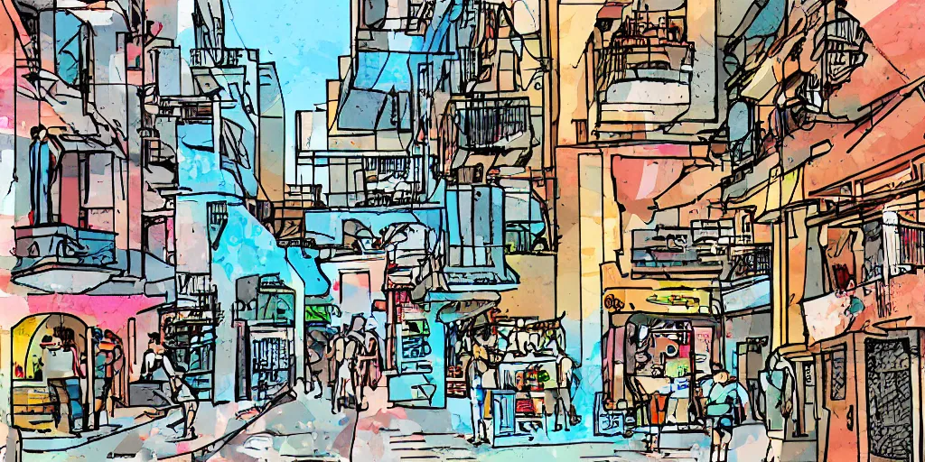 Prompt: tel aviv streets. optimistic. digital art. vector watercolor.