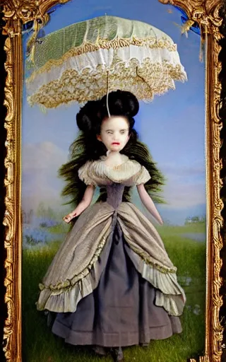 Image similar to A full-body portrait of a dollfie wearing victorian clothes and holding a lace parasol in an overgrown baroque palace courtyard, artwork by mark Ryden and Jasmine Becket-Griffith, 4k insane detail, pop surrealism