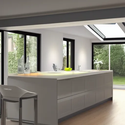 Prompt: modern kitchen with led strip lighting roof lantern, homes and gardens, super detailed render, award winning,