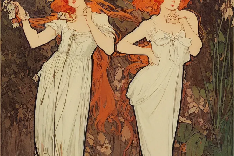 Image similar to beautiful ample redhead in a nightgown with a bow around her waist, mucha