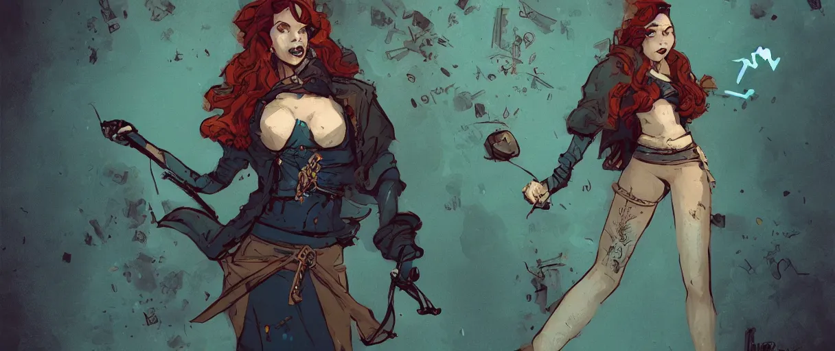 Image similar to duotone black and teal blue background comic noir illustration triss merigold sorceress with ginger hair wearing brown leather clothes. from wither 3. by sachin teng and sergey kolesov and ruan jia and heng z. graffiti art, scifi, fantasy, hyper detailed. octane render. concept art. trending on artstation