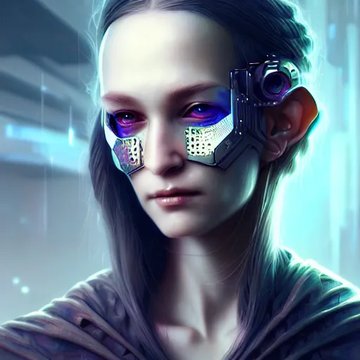 Prompt: cyberpunk robotic elvish queen, extremely detailed, hyperrealistic, intricate, soft light, fantasy, digital painting, art station, perfect faces, fine details, by wlop