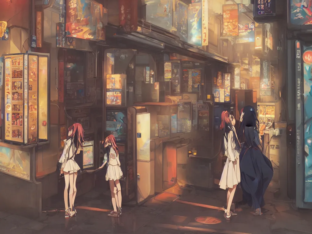 Image similar to Two beautiful anime girls, standing in front of a vending machine outside of a Japanese convenience store, in narrow Tokyo alleyway, beautiful light and shadows, D&D, fantasy, highly detailed, digital painting, artstation, concept art, sharp focus, illustration, in style of GUWEIZ and WLOP and NIXEU