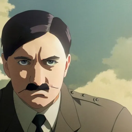 Image similar to a film still portrait of hitler, medium shot, finely detailed features, cinematic lighting, anime key visual, trending on pixiv fanbox, painted by makoto shinkai, studio ghibli, greg rutkowski, wlop