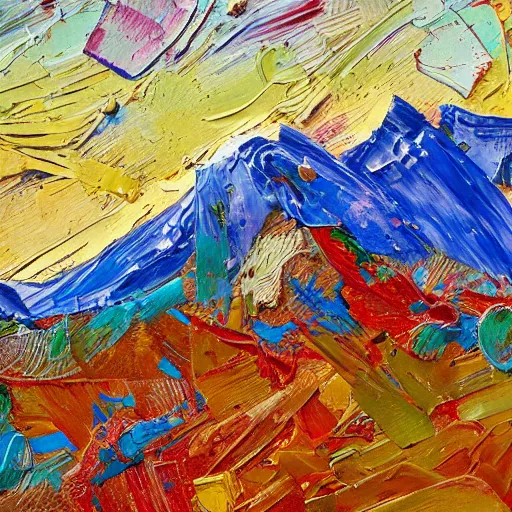 Prompt: oil paint impasto relief, beautiful bright sunny spring day, blue mountain the distance, multi layered thick brush marks, some splattered paint, in the style of ivan shishkin and frank auerbach and van gogh