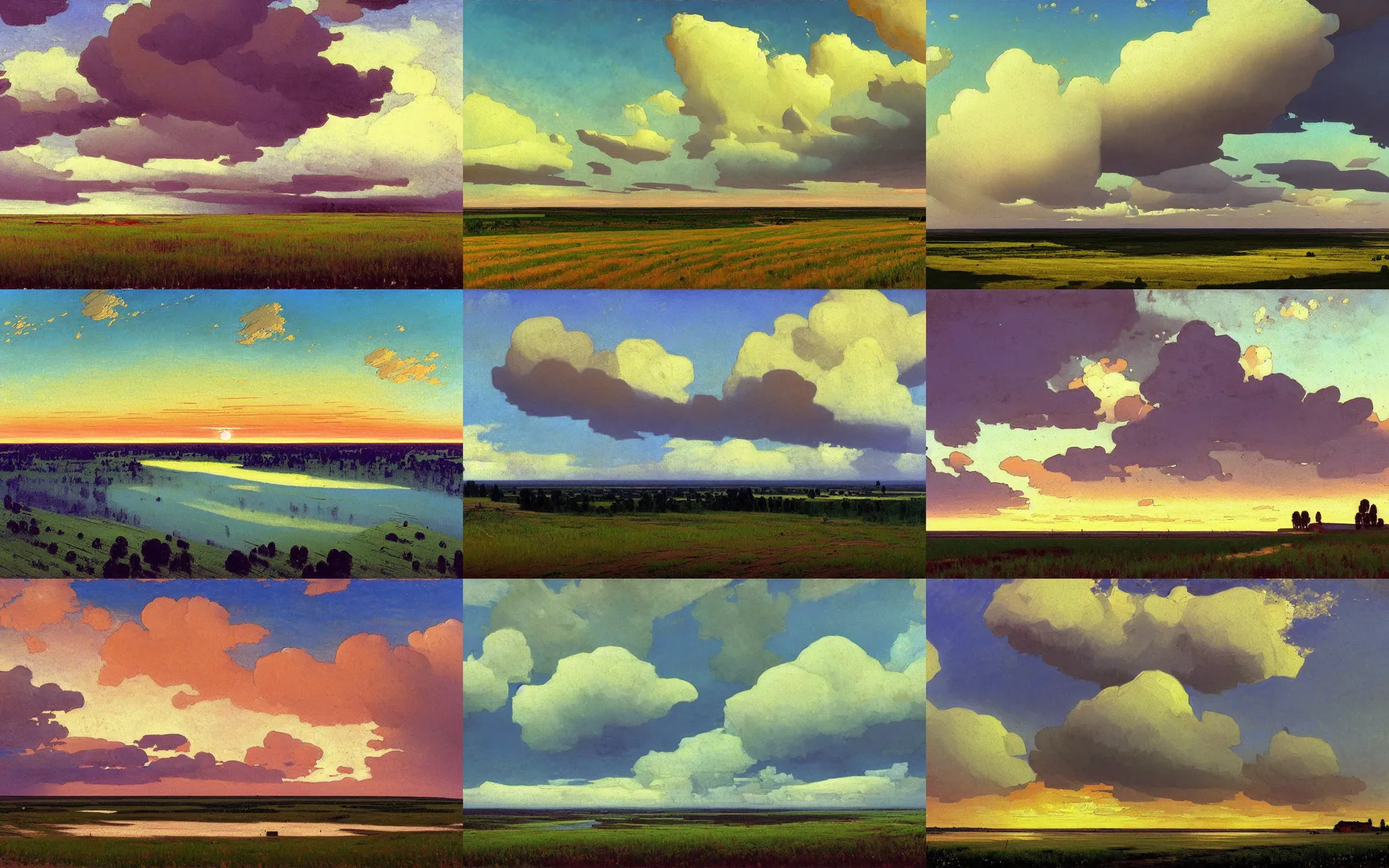 Image similar to painting in the style of Isaac Levitan, Savrasov, arkhip kuindzhi, T Allen Lawson and Ian Fisher and sidney richard percy, wide river and tiny house on the top of the hill, dream heavenly cloudy sky, horzon, hurricane stromy clouds, sunset sunrise, volumetric lighting, very beautiful scenery, pastel colors, ultra view angle view
