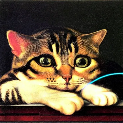 Image similar to a cat that shoots laser beams from the eyes, painted by caravaggio