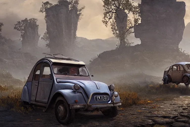 Image similar to offroad citroen 2 cv ( 1 9 6 5 ) of daedric design driving across the rift, daedric axe stored on the side of the car, leather and cloth traveller backpacks on roof, riften city in the background, epic fantasy, autumn, the elder scrolls v : skyrim, dramatic lighting, establishing shot, by simon stalenhag