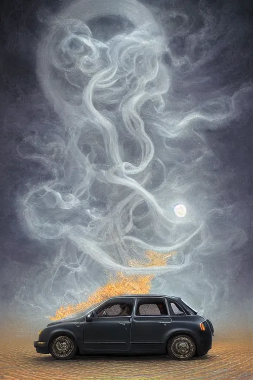 Prompt: Intricate stunning highly detailed white Fiat 600 from the 70s built in Spain, digital painting by agostino arrivabene and Vladimir Kush, surreal, ultra realistic, Horror vacui, dramatic lighting, full moon, thick black swirling smoke tornado, burning fire embers, artstation