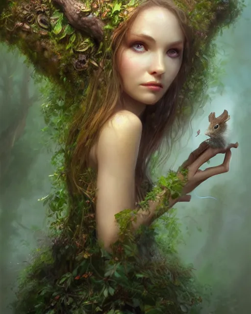 Image similar to dryad, perfect face, accompanied by a cute feathered mouse cinematic, stunning, highly detailed, digital painting, artstation, smooth, hard focus, illustration, art by jessica rossier and brian froud