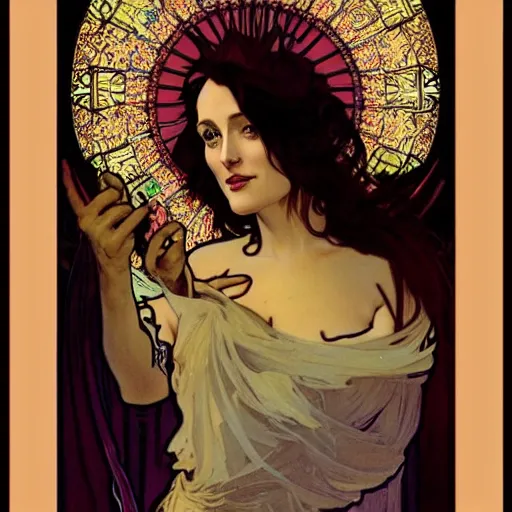 Prompt: gillian anderson portrait by louis - theophile hingre and alphonse mucha, realistic, sharp focus, zodiac signs, tarot cards, planets, ethereal, art nouveau, magic, moon, sun, crown, dreamy, royal, jewellery