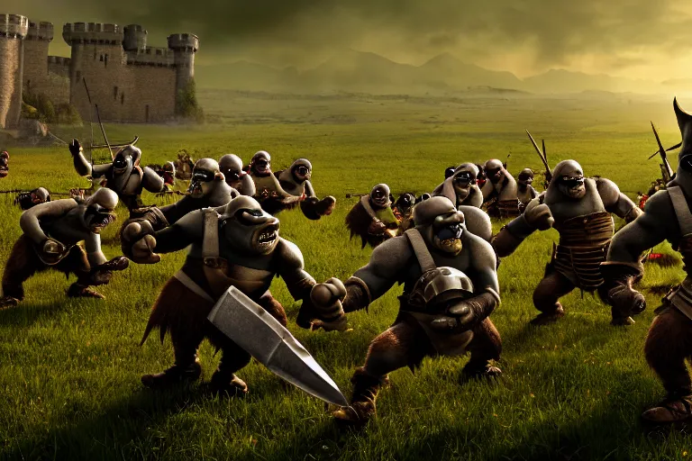 Image similar to diorama of group of minions fending off an army of orcs on the open plains of bliss wallpaper, giant castle walls, realistic, 4 k, detailed, atmospheric, cinematic lighting, octane render, unreal engine render, ray tracing lighting