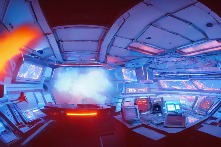 Image similar to Film still of the bridge of a space ship, large viewscreens, control panels, orange and cyan lighting, burning fire, electric sparks, smoke, Cinestill colour cinematography, anamorphic