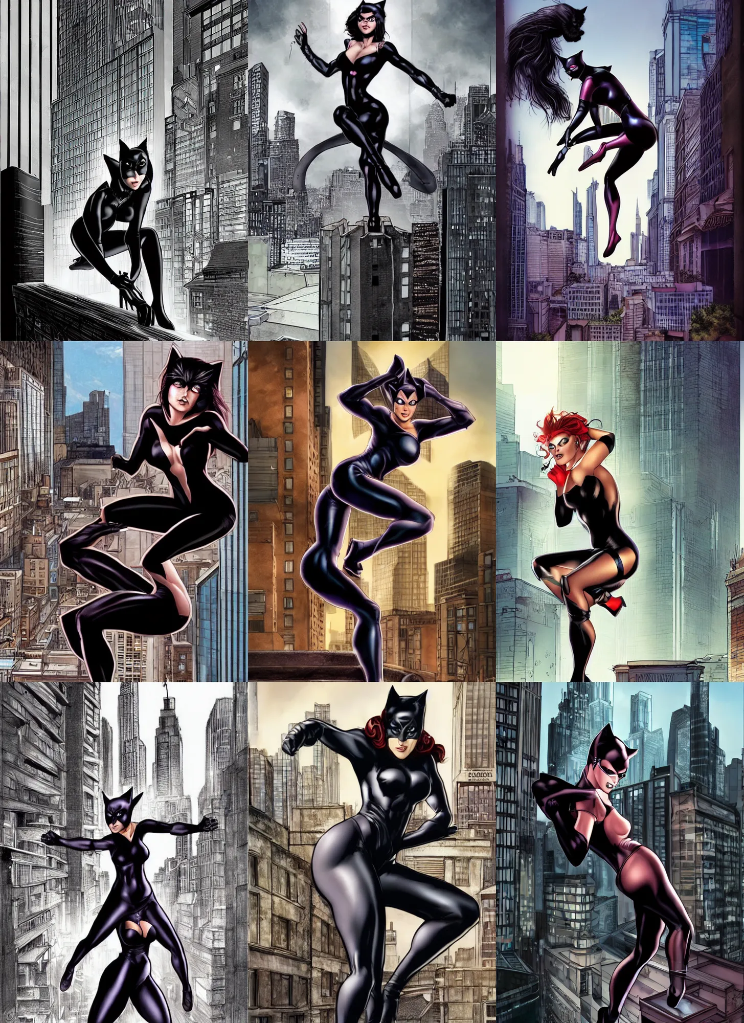 Prompt: Cat Women crouches on edge of building, city background, in style of Mark Brooks and Artgerm