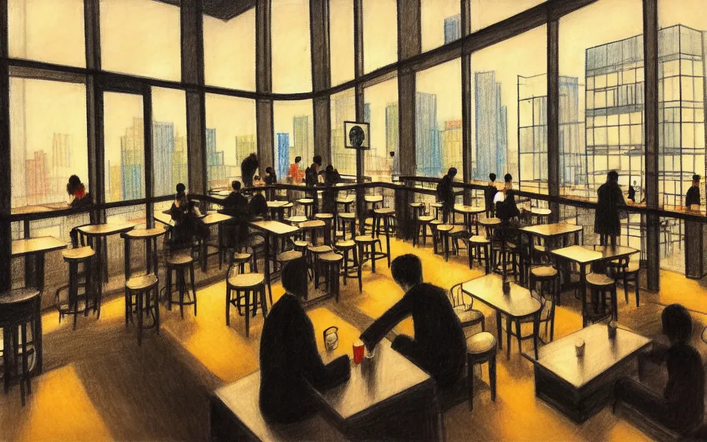 Prompt: feng zhu drawing of loft lounge with tall windows, few people, city in background, bar counter with bartender and few chairs nearby, sparse plants, dim painterly lighting volumetric aquatics, impasto