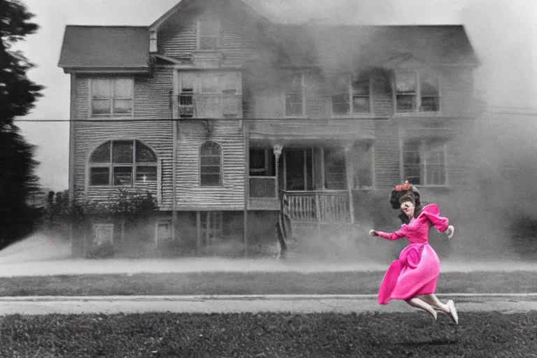 Image similar to vintage kodak film photography from 7 0 s with pro mist filter, woman running against pink house with many windows, in style of joel meyerowitz