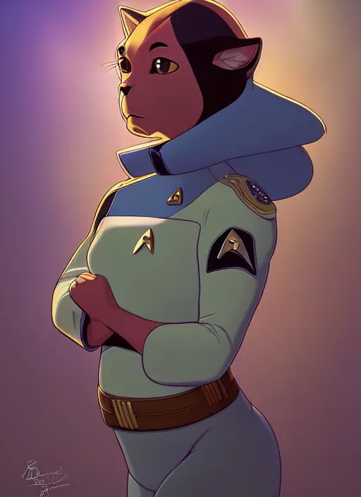 Image similar to cute star trek officer scarred cat, natural lighting, path traced, highly detailed, high quality, digital painting, by don bluth and ross tran and studio ghibli and alphonse mucha, artgerm