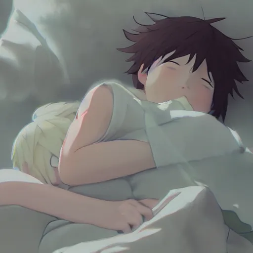 Prompt: several tiny fairies shown as balls of light clustered around the sleeping body of a young boy. By Makoto shinkai. WLOP. Masterpiece.